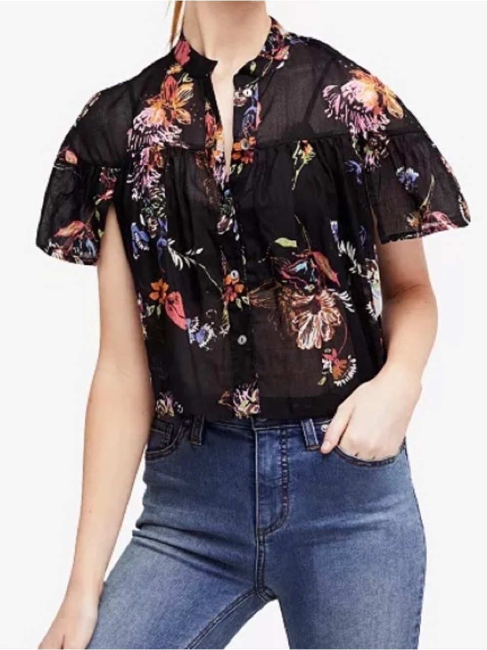 Free People Sweet Escape Cropped 100% Cotton Blouse Black Floral Size XS
